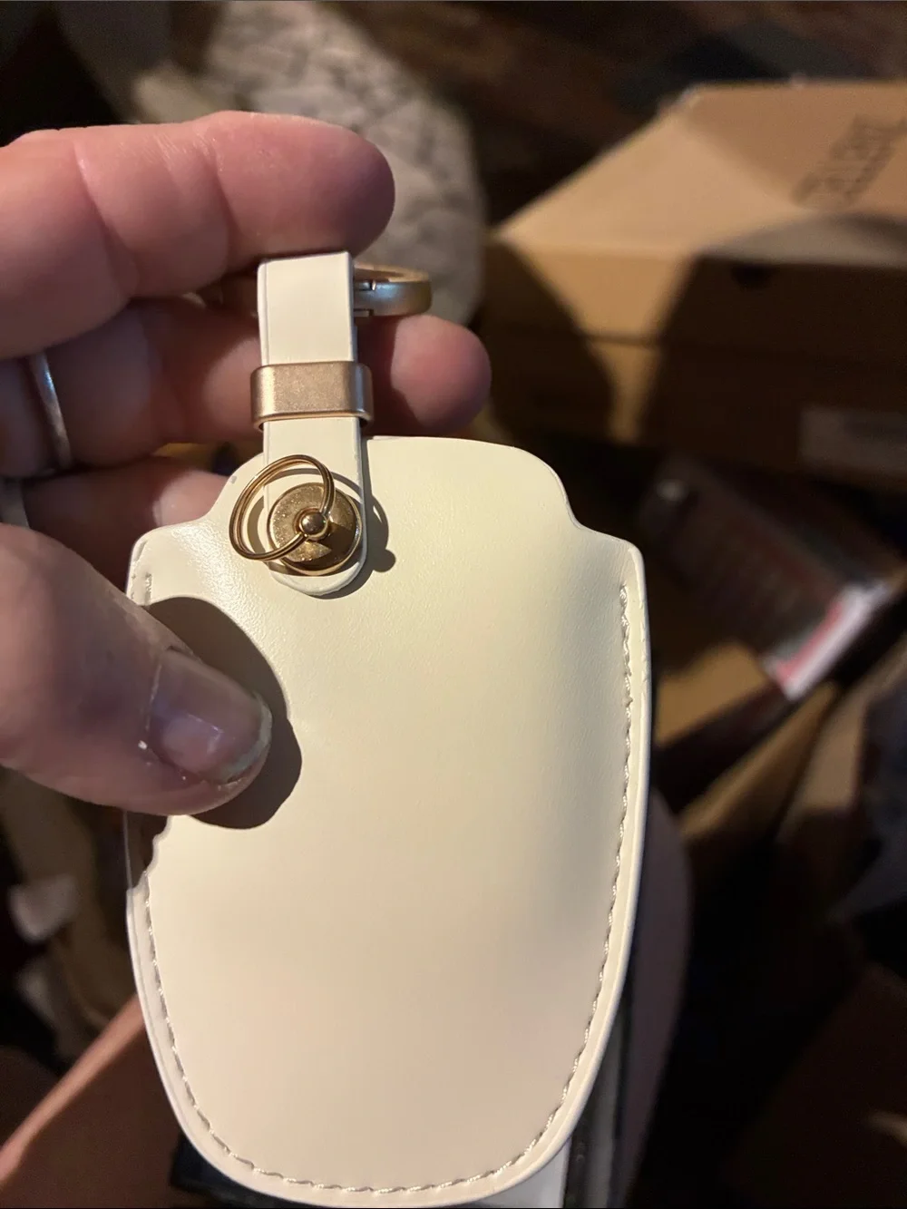 Cream Leather Key Fob with Gold Hardware